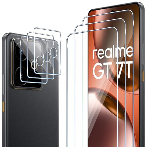 ELYCO Cristal Templado para Realme GT 7/GT 7T, 3+2 Piezas | 3 Piezas Protector de Pantalla + 3 Piezas Protector de Lente Cámara, 9H Dureza Anti-Rasguños, HD Vidrio Templado