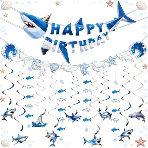 SUNBEAUTY 3D Hai Happy Birthday Banner Hängede Shark Geburtstag Deko Meerestiere Happy Birthday Girlande Ozean Thema Party Girlande für Kindergeburtstag Classroom BabyShower Unterwasserwelt Deko