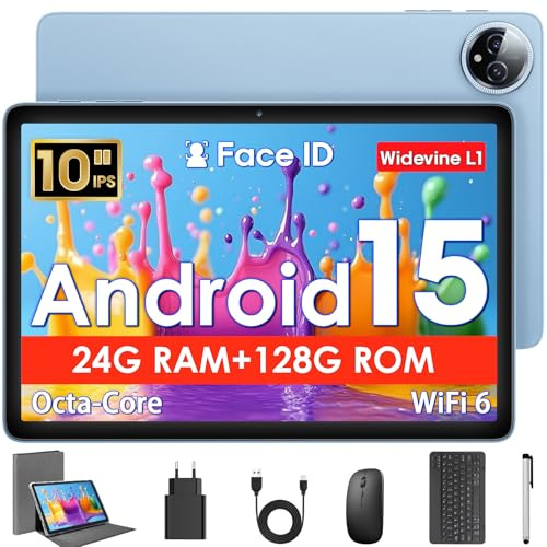 Tablet 10 Pollici, Tablet Android 15 con Cover, Mouse & Tastiera, Octa-Core, 24 GB RAM + 128 GB ROM+ 1 TB TF, Display IPS HD 1280x800, Fotocamera Doppia, 6000 mAh, WiFi 6, Widevine L1, GPS (Blu)