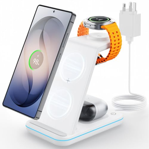 Wireless Charger for Samsung, JoyGeek 3 in 1 Charging Station for Samsung S25/S24-S21/ZFlip/Fold,Fast Phone Charger Stand for Galaxy Watch Ultra/8/7/6-3/Active,Wireless Charger for Galaxy Buds, White