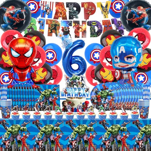 101 Piezas de Vajilla de Fiesta de Superhéroes, Decoración de Cumpleaños, Suministros de Decoración de Fiesta de Superhéroes, Platos, Gorra de Cumpleaños, Mantel, Servilletas, Número 6