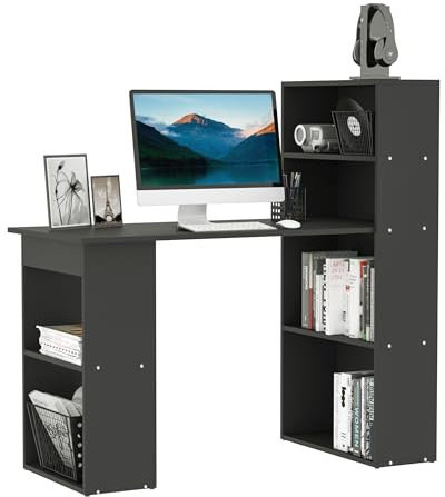 HOMCOM 120cm Computer Desk, Wooden PC Laptop Table with 6-Tier Storage Bookshelves, Home Office Working Study Desk, Writing Workstation, Black