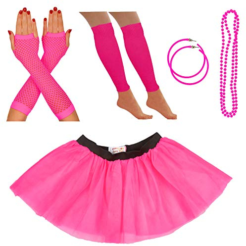 Neon Tutu, Fishnet Gloves, Leg Warmers, Beads & Earrings | Ladies Fancy Dress Costume Set | 80's Themed Fancy Dress | Also Ideal For Hen Parties, Fun Runs Or Charity Events (14-22 UK, Pink)