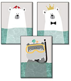 4Good Bilder Kinderzimmer Modern Nordic Moon Stars Sun Sonne mond Sterne Bilder Set Jungen mädchen babyzimmer (Bath amimals A4)