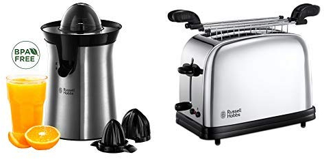 Russell Hobbs Classics Spremiagrumi, 60 Watt, Acciaio Inox + Tostapane, 2 Fessure, con Pinze, 1200 W, Acciaio Inox