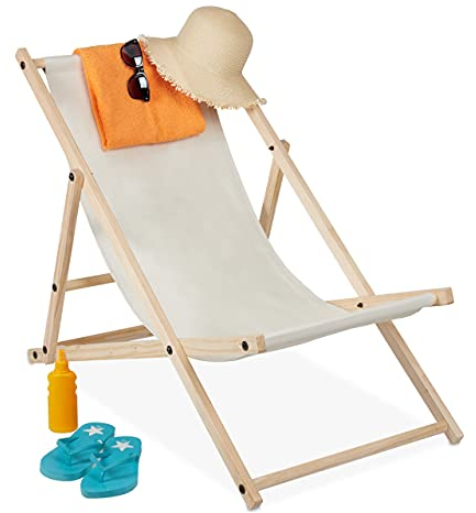 Relaxdays Liegestuhl Holz, Holz Strandliege mit Stoffbezug, klappbar & verstellbar, für Garten, Strand & Balkon, beige