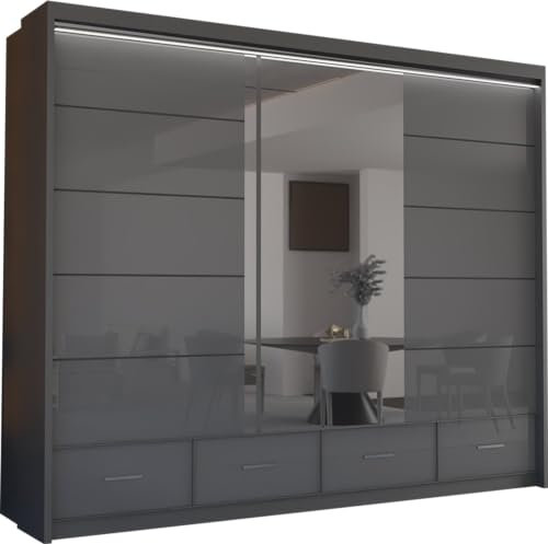 MN Furniture Sycylia High Gloss & Mirror Sliding Doors Wardrobe with Long Led Light and Bottom Drawers (Grey, 255cm)