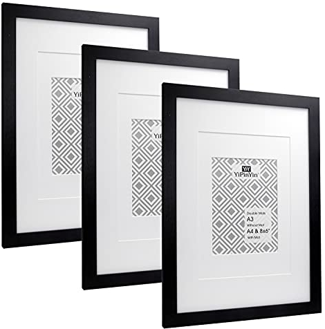 Bilderrahmen, A3, Schwarz, 3 Stück mit Doppelhalterungen für A4 und A5 (20,3 x 15,2 cm), Garllery Bilderrahmen, Posterrahmen, A3, stilvoller A4-Bilderrahmen mit feiner Holzmaserung, für Wandmontage. …