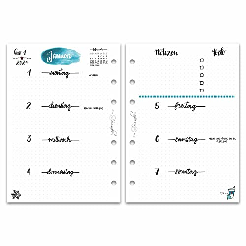 SinnWunder® Premium Wochen-Kalendereinlagen 2026-1 Woche auf 2 Seiten - Größe echtes Din A6 (10,5 x 14,8 cm) - Moterm-Lochung - LetteringSinn