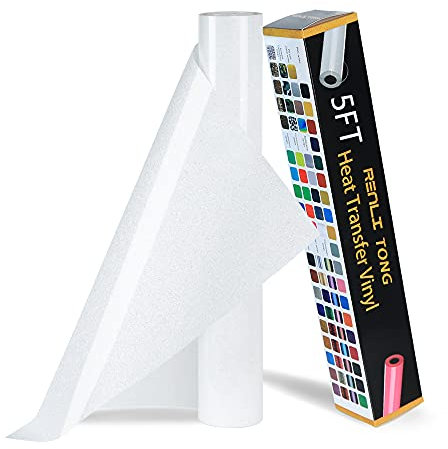 RENLITONG White Glitter HTV Heat Transfer Vinyl Rolls - 12 Inch x 5 feet Iron on Vinyl for T-Shirt and Silhouette, Easy to Cut & Weed for Heat Transfer Design (Glitter White)