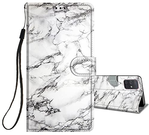 HopMore Handyhülle für Samsung Galaxy A51 4G Leder Hülle, Klappbar Klapphülle Flip Case 360 Grad Schutzhülle Motiv für Mädchen Frauen Handytasche Stoßfest Silikon Cover - Weißer Marmor