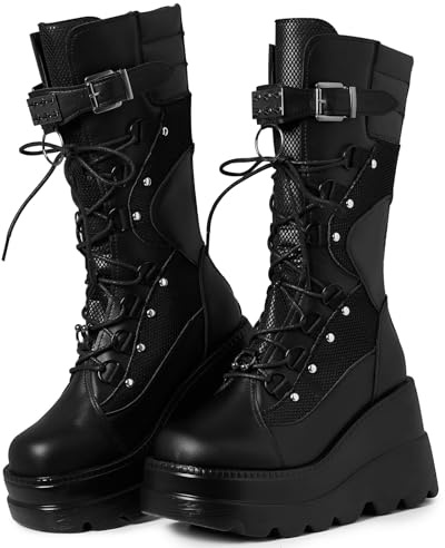 Tscoyuki Stivali da donna gotici con plateau, tacco a zeppa grossa, stivali da combattimento, con lacci e cerniera, punta tonda, stivali a metà polpaccio, per concerti e festival, nero, 37.5 EU