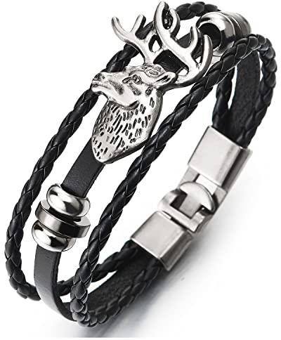 COOLSTEELANDBEYOND Leder-Armband Wickeln Schweißband Herren Damen DREI Stränge Schwarz Geflochtenes Leder mit Vintage Hirsch Charme