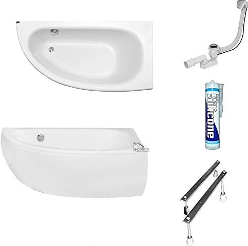 ECOLAM Baignoire d'angle Milena acrylique blanc 150x70 cm droite + tablier en acrylique + bonde vidange et trop-plein automatique, pieds silicone