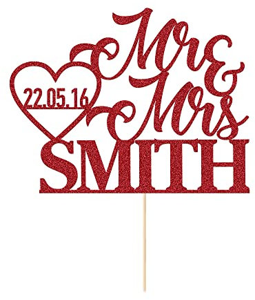 Personalised Wedding Cake Toppers & Decorations - Customised Wedding Gifts for Couple - Double Sided Glitter Paper with Any Name Date (Red)