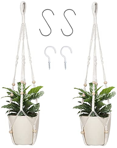 BlueMake Macrame Plant Hanger Indoor Hanging with Wood Beads Macrame Planters No Tassel for Indoor Outdoor Boho Home Decor 35 Inch (Ivory,2pcs)