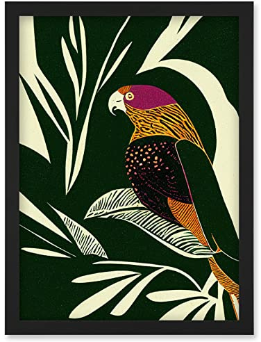 Wee Blue Coo Green Orange Pink Cream Modern Vintage Tropical Plant Leaves with Bird Artwork Framed Wall Art Print A4