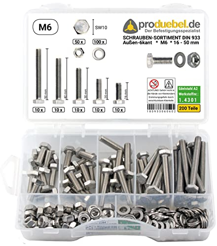 Basis Schrauben-Sortiment DIN 933 Edelstahl A2 V2A inkl. Mutter & Scheibe (DIN933+934+125) (M6 200 Teile)