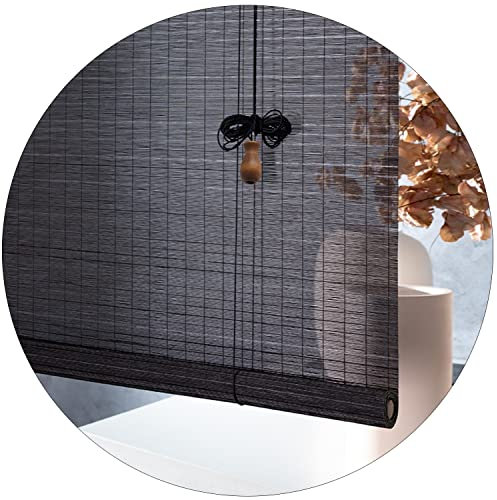 Natürlich Bambusrollo Bambus Raffrollo, Aufzug Jalousine Bambusrollo, Retro Trennwand Fensterschirm, Lichtfilterung/Anti-UV/Dekorativ, for Fenster und Türen (Color : Black, Size : 115x220cm)