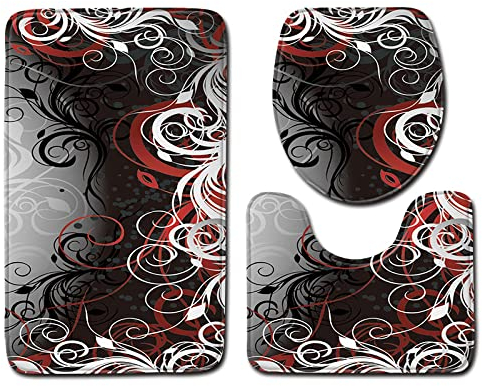 Badezimmerteppich Grau Weiß Rot Badematte Set 3 Teilig Fußmatte rutschfest Saugfähig Badteppich Waschbar Fussmatte Teppich Schmutzfangmatte für Badezimmer