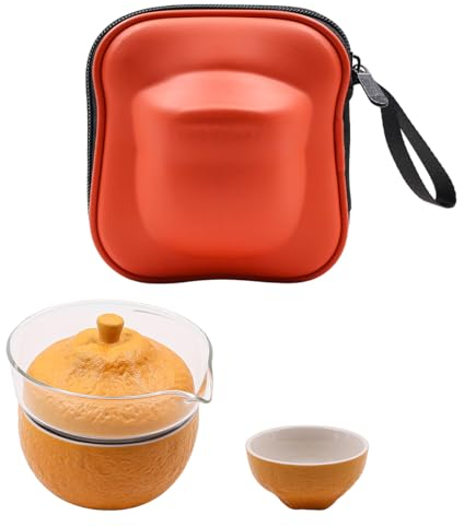 NUZAMAS Set à thé portable de voyage pour adulte Orange Quick Cup Tasses à thé en céramique avec théière pour l'extérieur, le camping, le bureau à domicile