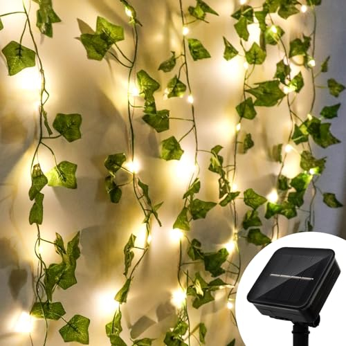 Lierre Artificiel Guirlande Lumineuse Solaire, Guirlande Lumineuse solaire,10M 100 LEDs Guirlande Solaire Extérieure avec Feuilles 8 Modes Étanche Lumiere,PR Jardin, Fête de Mariage Noël Décoration