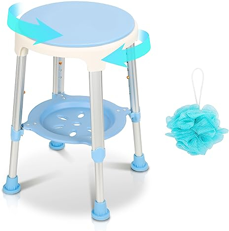 Cecaylie Duschhocker,360°Drehbarer Duschstuhl mit Ablagefach und Badekugel,42-54cm höhenverstellbar Rutschfester Badezimmerhocker,duschstuhl duschhocker 136 kg