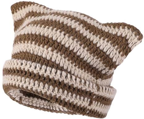 DIVINA VITAE Y2k Cat Beanie, Mütze Katzenohren Mütze Strickmütze mit Katzenohren Beanie Wintermütze, Warme Mütze Katze Slouchy Mützen für Damen Frauen Y2k Grunge Accessoires (Kaffeebraun)