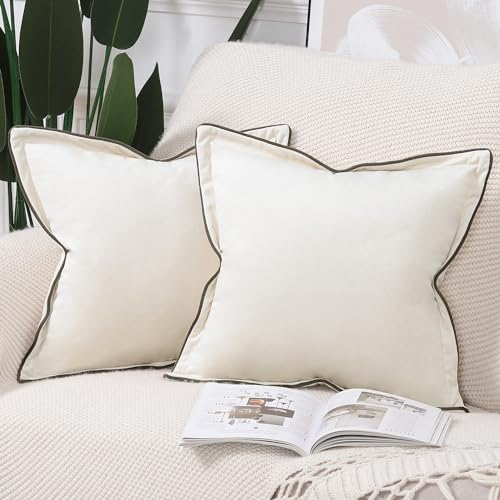 Madizz 2er Set Samt Fransen Zierkissenbezügen 50 x 50 cm Creme-weiße weiche Kissenbezug für Sofa, Schlafzimmer und Kissenhülle