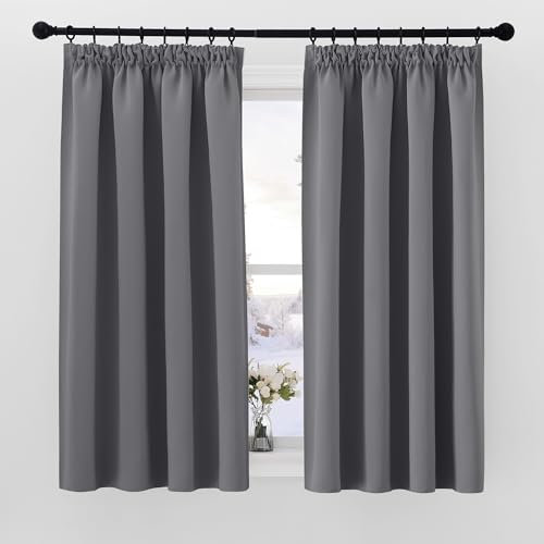 PONY DANCE Blackout Thermal Curtains for Bedroom 63 Drop Window Curtain Pencil Pleat Living Room Curtains with Solid Color Sunlight Block/UV Protected (W52 X L63, Grey, 2 Pieces)