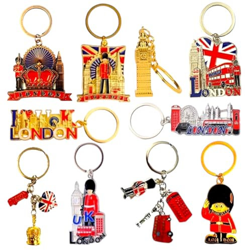 Bells Box Lot de 10 porte-clés souvenir de Londres - Angleterre - Union Jack London, multicolore, Mix sizes