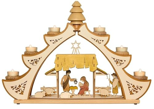 Kuhnert Lichterbogen/Schwibbogen für Teelichter - Mit 6 Glaseinsätzen und Räuchertanne - Motiv: Krippe - Maße: ca. 56 x 10 x 39 cm - Made in Germany