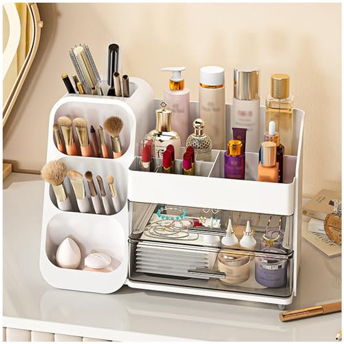 NUODWELL White Makeup Storage Organiser, Large Capacity Cosmetic Storage Box, Skincare Display Case with Drawers for Bathroom and Bedroom Dresser (White)