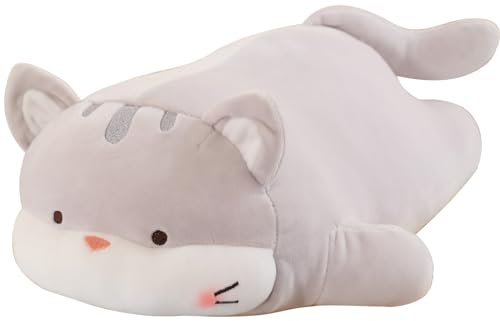 AMOZO Katze Kuscheltiere Kawaii Süße Katze Plüschkissen Stofftiere Weiche Plüschtier Kitty Plüsch Dekokissen Geschenke für Mädchen Kinder (Gray)