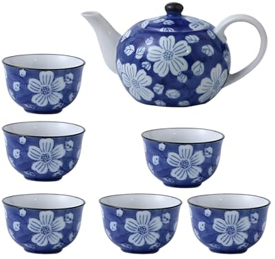 YoeEoay Japanische Porzellan-Tee-Kanne Keramik-Teeservice Mit Blauem Muster | Asiatisches Tee-Set Für Genießer | Traditionelles Tee-Service Für Zuhause Oder Büro | Hochwertiges Porzellan Aus China
