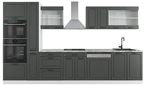 Vicco Küchenzeile R-Line, Anthrazit Landhaus/Weiß, 350 cm mit Hochschrank, AP Marmor