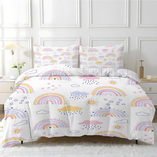 Linfye Bettwäsche 155x220 cm Mädchen Regenbogen Bettwäsche-Sets 1 Bettbezug 155x220 cm + 2 Kissenbezug 80x80 cm, Sterne Sonne Weich Mikrofaser Bettbezüge 3 Teilig mit Reißverschluss