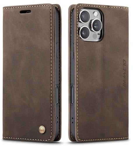 QLTYPRI Case for iPhone 16 Pro 6.3 inch, Vintage PU Leather Wallet Case Card Slot Kickstand Magnetic Closure Shockproof Flip Folio Book Case Cover for iPhone 16 Pro - Coffee Brown