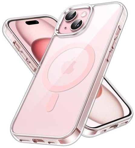 JETech Magnetisch Hülle für iPhone 15 6,1 Zoll Kompatibel mit MagSafe Kabellosem Laden, Stoßfest Handyhülle, Schutzhülle Kratzfeste Transparente Rückseite (Durchsichtig/Rosa)