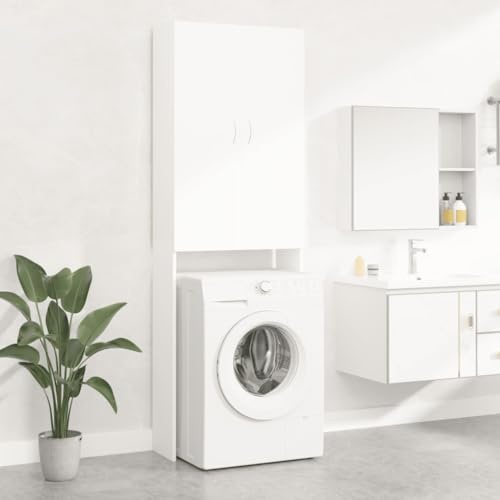 AUVYI Aufbewahrung über der Toilette Weiß 64x25,5x190 cm Holzwerkstoff Waschmaschinenschrank mit 2 Türen und 3 Fächern Badezimmermöbel für Wäscheutensilien, Reinigungsmittel