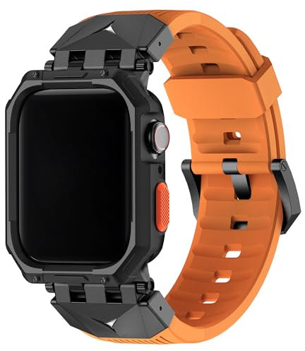 Fullmosa Bracelet Compatible avec Apple Watch 44mm/45mm robuste en silicone avec protecteurs d'écran pour homme, pour Apple Watch SE/SE 2 Series 9/8/7/6/5/4 44mm/45mm,Orange+Noir