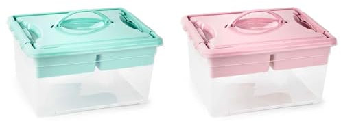 AC - Pack de 2 Cajas de Almacenamiento con Bandeja Interior y Asa - N.º 9-12 litros - Fabricado en Plástico - Cierre Hermético y Seguro - 18 x 34 x 27 cm - Color Pastel Aleatorio