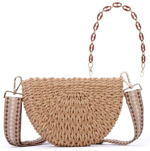 SUKUTU Sac d'épaule Tressé en Demi-cercle pour Femmes Sac de Plage en Paille Sac d'épaule Tressé avec Bandoulière en Chaîne