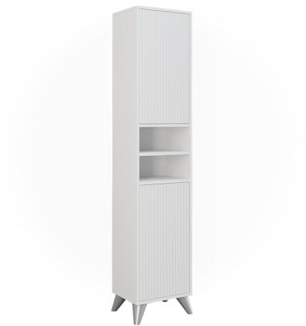 Vicco Badschrank Weiß Leano 38x180x30 cm - Hochschrank, Kombination aus offenen Fächern und Türen für Flexible Nutzung