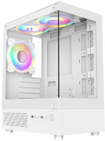 CiT Celsius mATX Gaming PC Case – Panoramic Dual Tempered Glass - Including 3 x 120mm Dual-Ring ARGB Fans, 6-Port PWM Hub - AIO Liquid Cooling Support - USB 3.0, USB 2.0, HD Audio | White