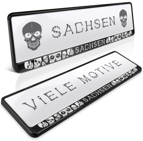 schildEVO 2 Kennzeichenhalter | FREISTAAT Sachsen 03 | Skulls Totenköpfe | Dresden | Leipzig | Chemnitz | Lausitz | Nummernschildhalter | Kennzeichenrahmen | Auto PKW Kfz | DHL-Versand