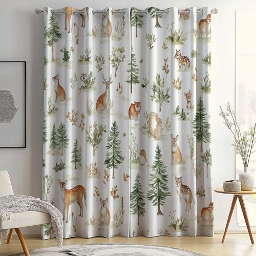 Vorhang Blickdichte Cartoon Waldtiere Muster mit Ösen Dekoration für Schlafzimmer Kinderzimmer, Vorhang H 138 x B 117 cm (2er Pack) Bedruckte, Gardinen Weiß Set