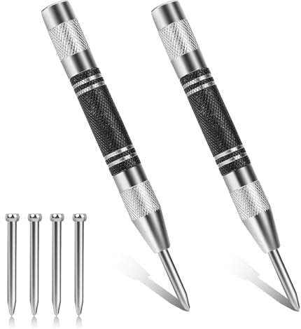 2 Pack Automatic Center Punch, Steel Adjustable One-Handed Spring Impact Loaded Center Hole Punch, 5 Spring Loaded Center Punch, Hole Marker Tool for Metal,Glass,Wood,DIY