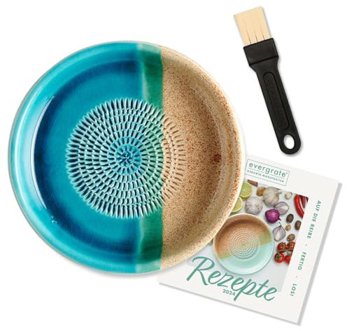 evergrate Keramikreibe Dipschale im Motiv Ocean mit Küchenpinsel und Rezeptheft
