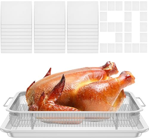 2PCS Stainless Steel Crisper Tray and Basket,Oven Air Fryer Pan Mesh Basket Set,Air Fryer Racks Large,Deluxe Non-Stick Crisper Oven Tray for Baking and Crispy Chicken,French Fries and Onion Rings(M)